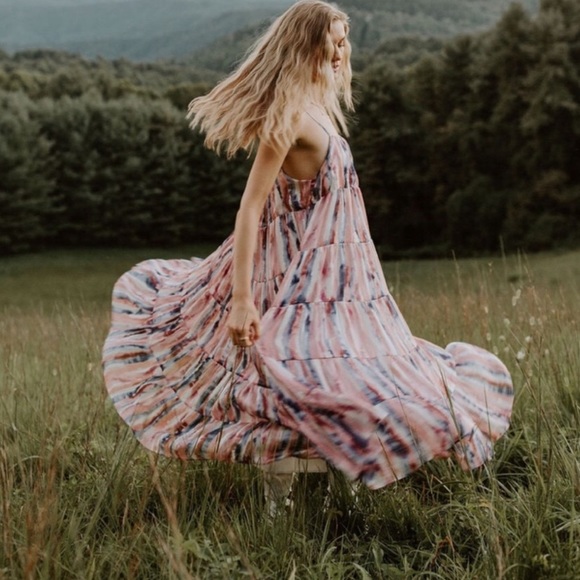 Storia Pink Gold Blue Stripes Flowy Midi Dress - Picture 3 of 4